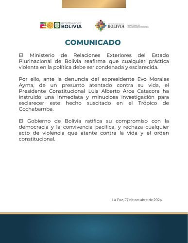 Cancillería de Bolivia anuncia investigación por presunto atentado contra Evo Morales