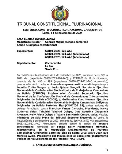 Sala Cuarta del TCP avala a Grover García como presidente del MAS IPSP elegido en El Alto y desconoce a Evo como líder de ese partido