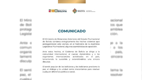 Gobierno de Bolivia condena violencia en la Asamblea  y ofrece disculpas internacionales