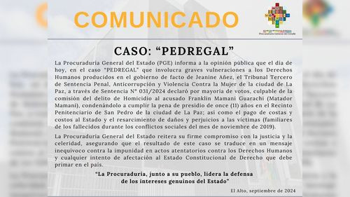 Tribunal sentencia a Franklin Mamani Guarachi a 11 años de prisión por homicidio en el caso Pedregal